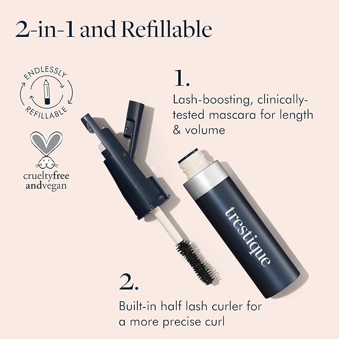 trestique Good Vibes Mascara, Refillable With Built-In Lash Curler, Sustainable Eye Makeup, Clean Beauty Black, Mascara With Curler