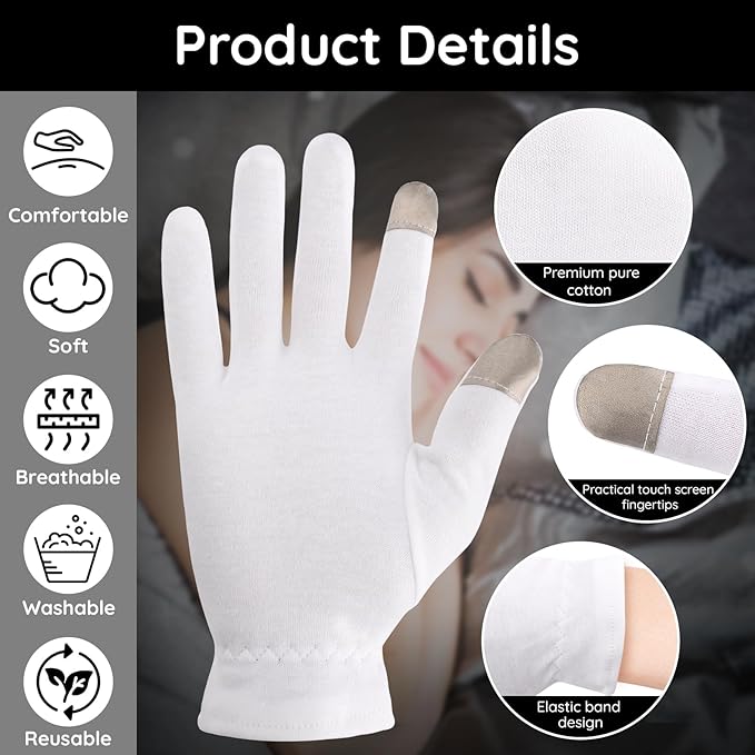 Segbeauty White Cotton Gloves with Touchscreen Fingers, 8pcs Hand Moisturizing Gloves with Elastic Band, 4 Pair Soft Cotton Sleeping Gloves for Dry Hand Overnight, White Gloves for Art Handling Medium