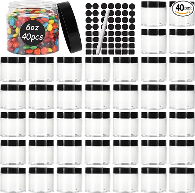 Keketin 40 Pack Plastic Jars with Black Lids 6 oz,180ml Round Plastic Containers Clear Cosmetic Jars,Refillable Empty Storage Containers for Spices,Cream,Beauty Products,Lotion,Slime Making