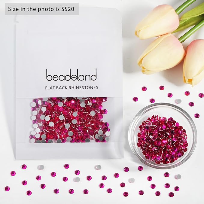 Beadsland 1440pcs Flat Back Crystal Rhinestones Round Gems for Nail Art and Craft Glue Fix, Hot Pink, SS16, 3.8-4.0mm