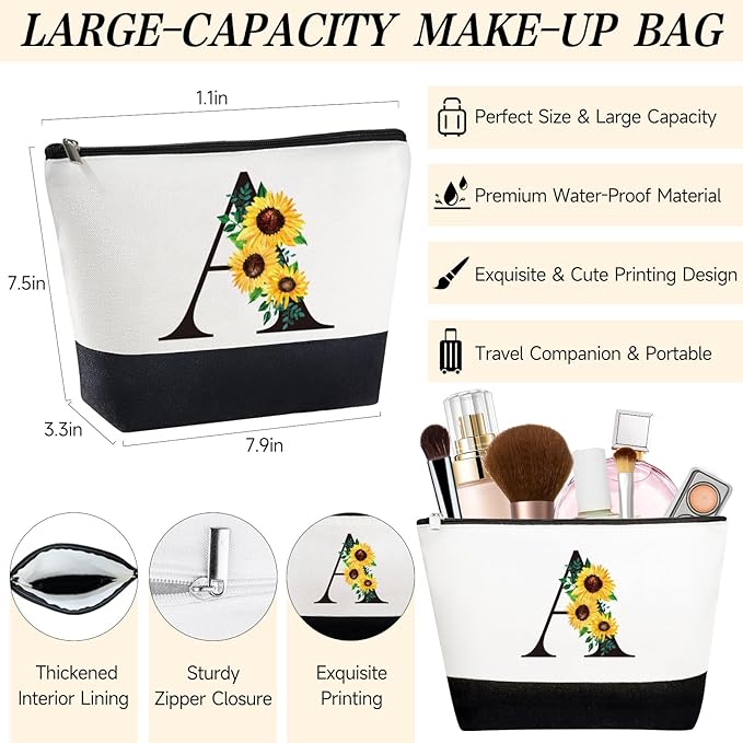 Personalized Canvas Tote Bag & Makeup Bag & Glass Cup - Monogrammed Sunflower Birthday Gifts for Mom, Sister, Best Friends - Initial Monogram Options