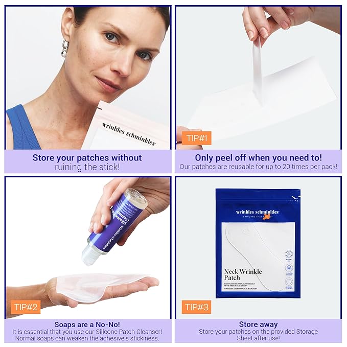 Wrinkles Schminkles Neck Wrinkle Patch, 1-Pack, Reusable Hypoallergenic Silicone Smoothing Pad for Neck Wrinkle Prevention + Patch Cleanser 2 oz, Clean Patches Without Breaking Down The Adhesive