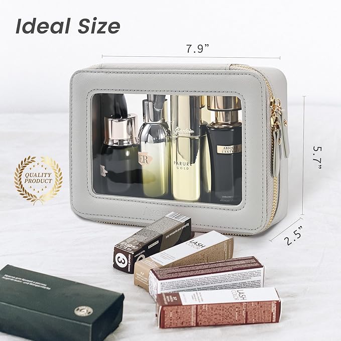 Aveniee Clear Makeup Bag for Women, Clear Cosmetic Case Travel Toiletry Bag, Heavy Duty Makeup Organizer Car Bag for Accessories with Clear Windows & Gold Zippers(Grey,Middle)