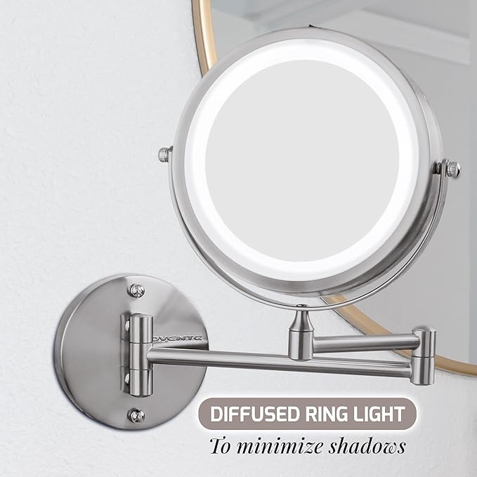 OVENTE 7" Lighted Wall Mount Makeup Mirror with 1X/10X Magnification, Cordless Double Sided Magnifying Round Vanity Mirror, 360° Swivel Design, Extendable and Folding Arm, Nickel Brushed MFW70BR1X10X