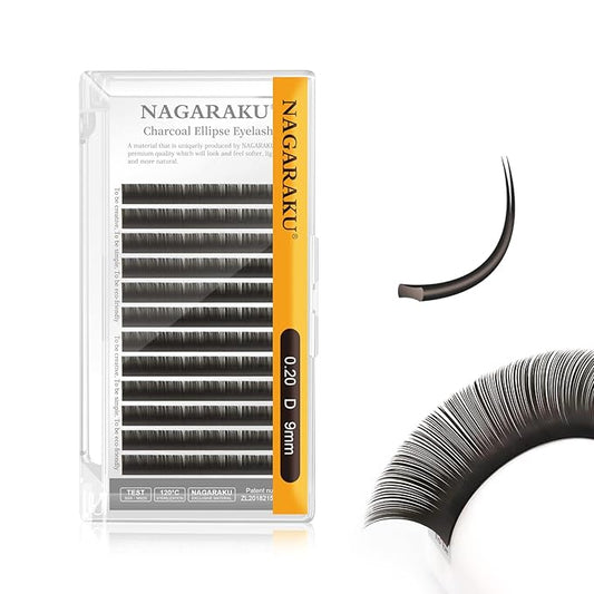 NAGARAKU Double Tips Flat Ellipse Eyelash Extensions Supplies 0.20 D curl 9mm Natural Charcoal Color Faux Mink Super Soft Split Tips Lash Individual Lashes