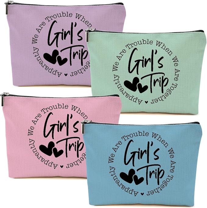 4Pcs Girls Trip Gifts Favors, 2025 Girls Weekend Gifts Funny Makeup Bag, Bestie Gifts Weekend Bag Vacation Cosmetic Bag, Friendship Gifts for Women Friend BFF, Graduation Wedding Gifts Toiletry Bag