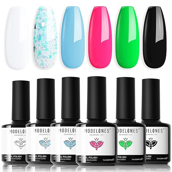modelones Gel Nail Polish Kit -6 Colors Summer Pink Green White Black Gel Polish Set Soak Off Gel Nail Kit Manicure DIY Nail Art Salon Home Gift