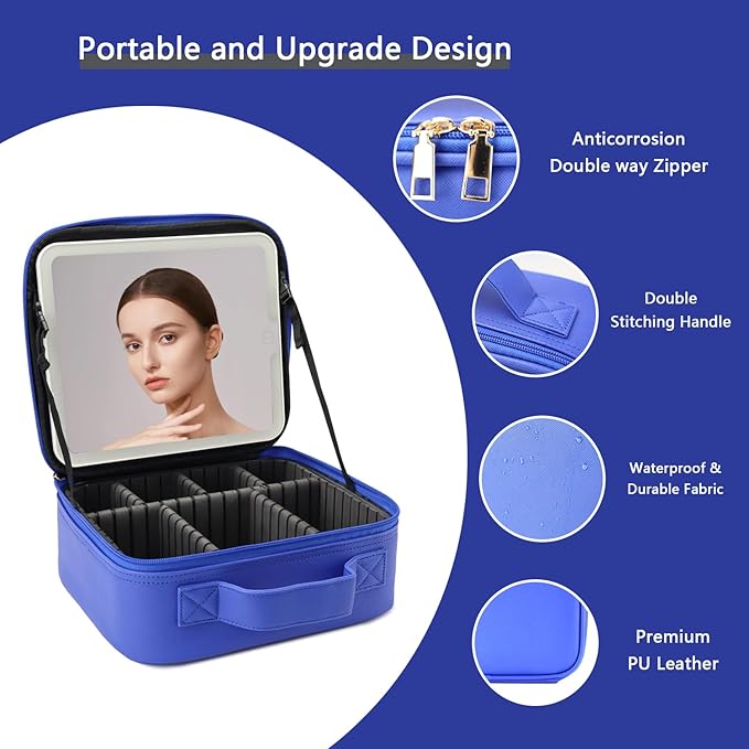 Travel Makeup Bag with LED Lighted Mirror,Cosmetics Organizer, Makeup Bag with 3 Color Lighted Setting, Portable Storage and Adjustable Dividers Travel Makeup Bag(dark blue)