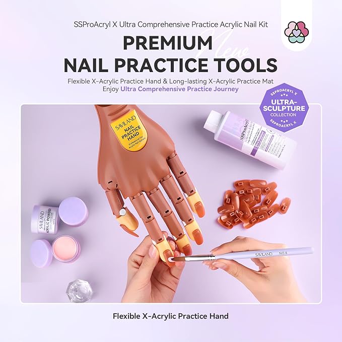 SAVILAND Acrylic Nail Kit for Practice: Premium Nails Kit Acrylic Set withPractice Hand Training Mat Brush for Beginner Extension Carving Home