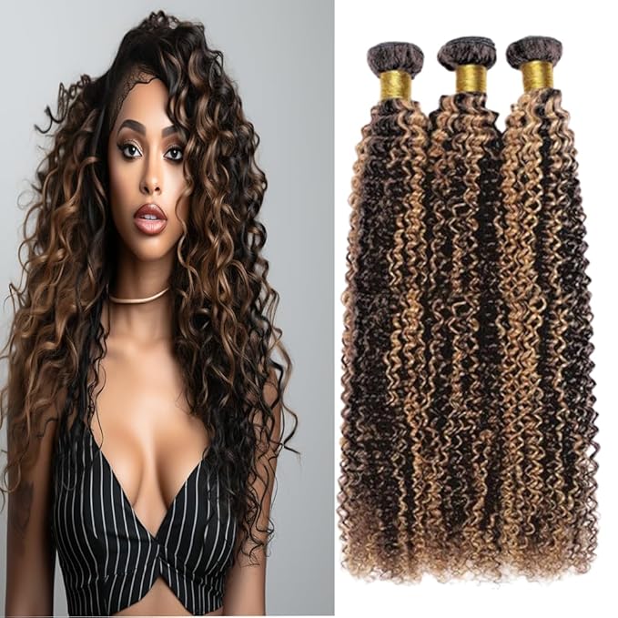 Highlight P1B/30 Curly Hair Bundles Ombre Kinky Curly Bundles Black and Brown two tone Brazilian Human Hair Wet and Wavy Soft Silky for Black Women 12 14 16 Inch