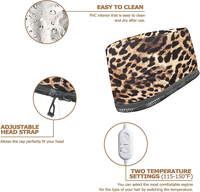 VICARKO Hair Steamer Thermal Heat Cap Deep Conditioning Natural Black Hair Scalp Treatment Spa Hot Head Care Electric for Home Use Animal Print