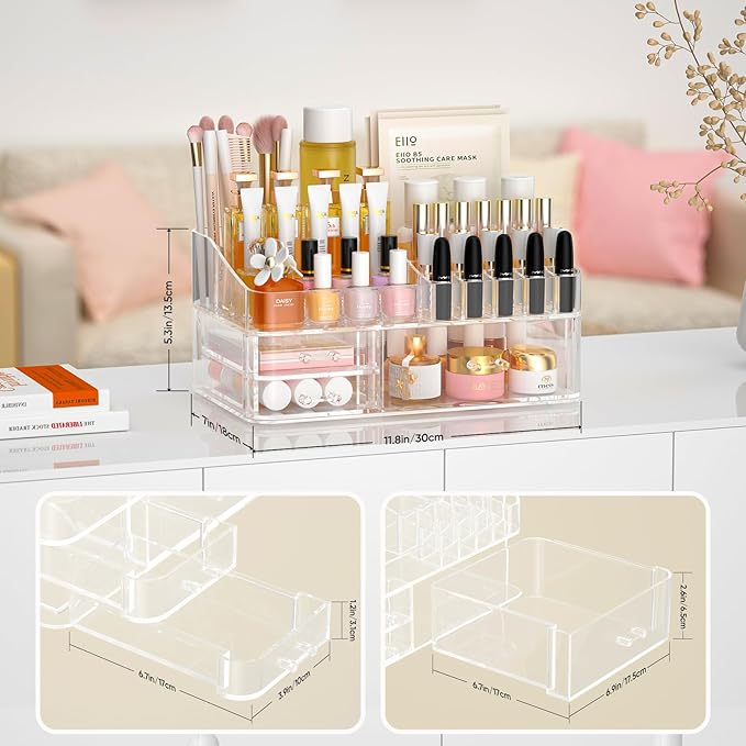 Clear Makeup Organizer for Vanity, Large Acrylic Bathroom Organizer Countertop with 3 Storage Drawers, Skin Care Organizer Storage Cosmetic,Nail Polish, Jewelry, Great for Stationery