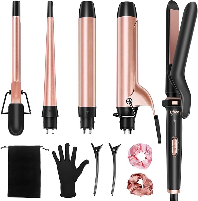 Ufree 5 in 1 Curling Iron with Interchangeable Ceramic Barrels (0.35"-1.25"), Curling Wand Set with Flat Iron Hair Straightener, Instant Heat Up, Dual Voltage Hair Curler, Gifts for Women