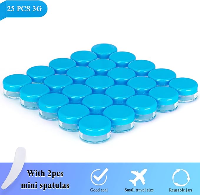 25PCS 3 Gram Sample Containers, 3ml Empty Jars with Lids, Small Cosmetic Containers, Mini Sample Jars with 2PCS Mini Spatulas for Make Up, Oils, Lotion, Powder, Paint, Jewelry, Lip Balms(Blue Lid)