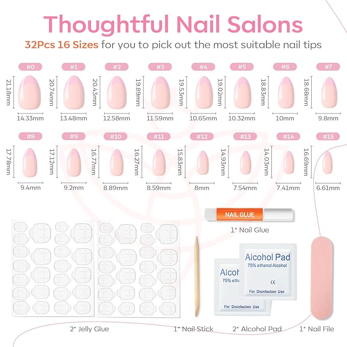 Modelones Pink French Tip Press on Nails Almond, Short Almond Fake Nails, Spring Easter Nail Kit with Nail Glue Adhesive Tabs Mini Nail File, Nails Press Ons 32Pcs16 Sizes, Women Girl Gift