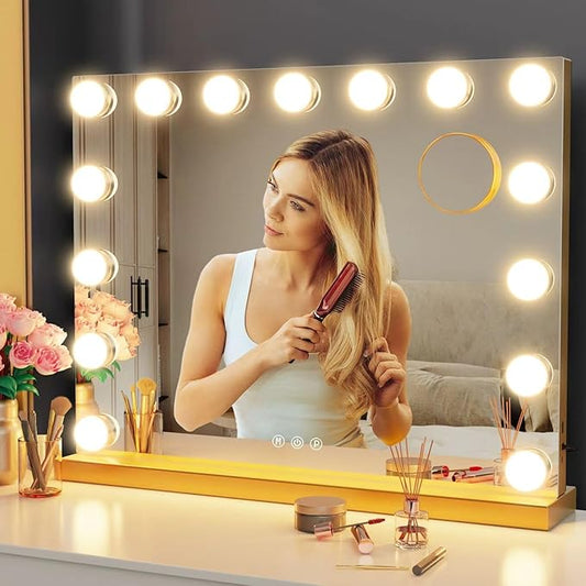 22.8 x 18.2 Vanity Makeup Mirror with Lights, 10X Magnification,Large Hollywood Lighted Vanity Mirror with 15 Dimmable LED Bulbs, USB Charger Port, Tabletop or Wall-Mounted Gold…