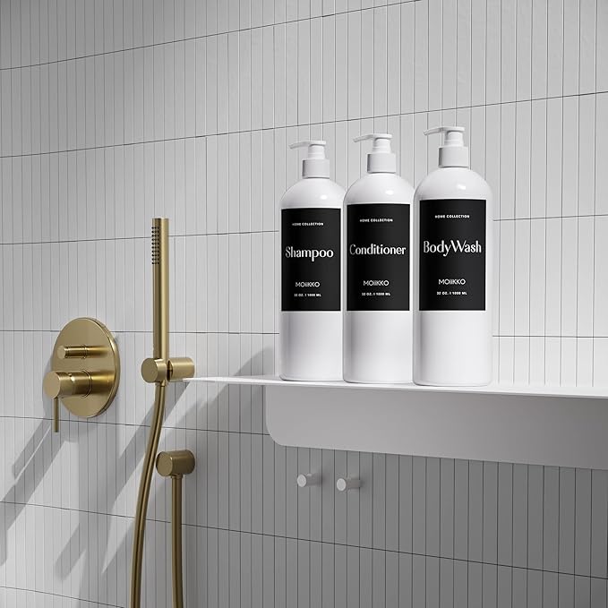 32oz Refillable Shampoo and Conditioner Dispenser Bottles - Set of 3 Empty Shampoo Conditioner Body Wash Dispenser with 8 Waterproof Labels