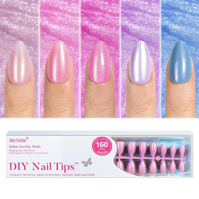 Press on Nails Short Almond - 5 Styles Mermaid Glitter Press on Nails, Brighter Pastel Mermaid Nails, Stick On Nails in 16 Sizes -160PCS Soft Gel Fake Nails Kit for Valentines Day Gift