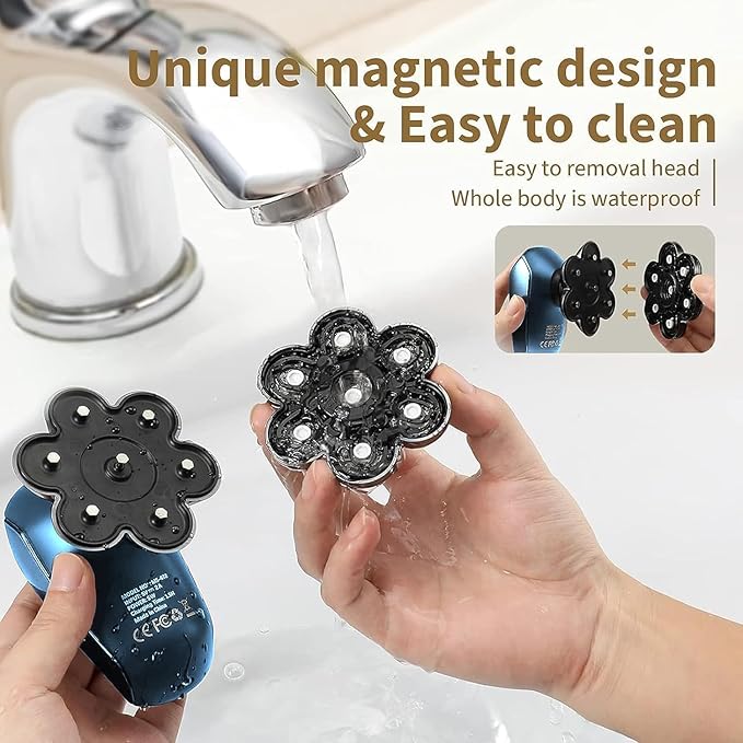 Detachable Head Shavers, SHPAVVER 5 in 1 Electric Razor IPX7 Waterproof for Bald Men, Wet Dry LED Display Rechargeable 7D Rotary Shaver Grooming Kit，Bright Blue