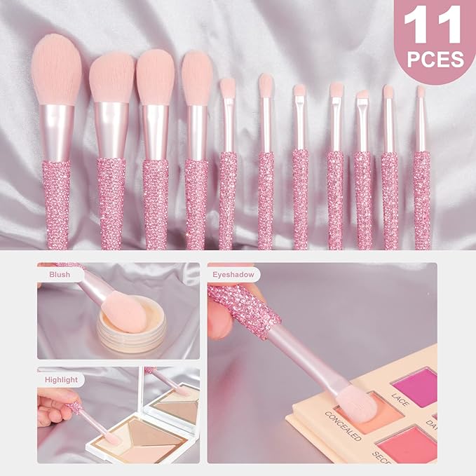Professional Makeup Brushes Set 11PCS Bling Rhinestone Face Cosmetics Blending Liquid Foundation Powder Concealer Eye Shadows Make Up Beauty Tool Glitter (Pink)