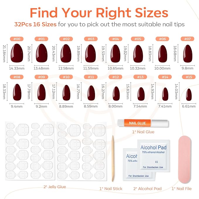 Modelones Press on Nails Almond, Wine Red Short Almond Fake Nails, Reusable Nail Kit with Nail Glue Adhesive Tabs Mini Nail File, Nails Press Ons 32Pcs16 Sizes, Women Girl Gift
