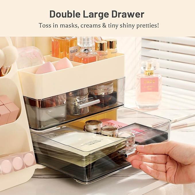 Aveniee Makeup Organizer with Drawers, Large Bathroom Countertop Storage for Vanity, Cosmetic & Skincare Display Case for Brushes, Perfumes, Lipsticks (Cream White)
