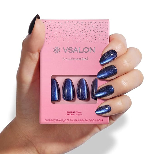 Press on Nails Short Almond - Blue Cat Eye Chrome Nails Kit, Reusable Gel Fake Nails with Nail Glue & Nail File - 32 PCS in 16 Sizes (Limited Edition Mini Pack)