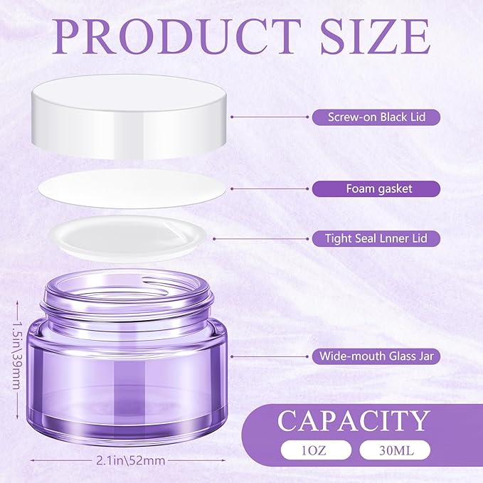 Domensi 60 Pcs 1oz Glass Jars with Lids Bulk Salve Tins Small Glass Candle Cosmetic Jars for Travel with Inner Liners Containers for Lotions Sample Cream(Light Purple, White Lids)