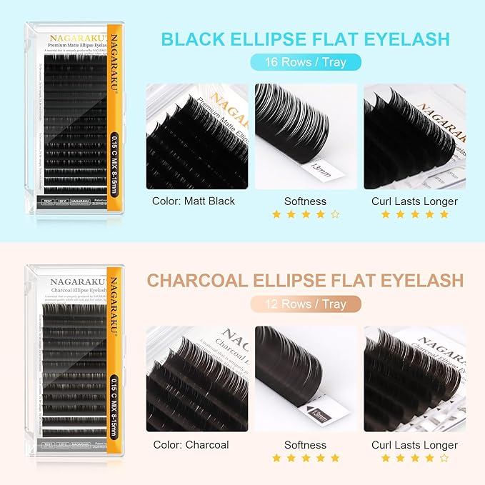 NAGARAKU Double Tips Ellipse Eyelash Extensions Lighter Thinner Flat Split Tips Individual Lash 0.20mm C curl 12mm Matte Black Faux Mink Classic False Lash Supplies 16 Rows