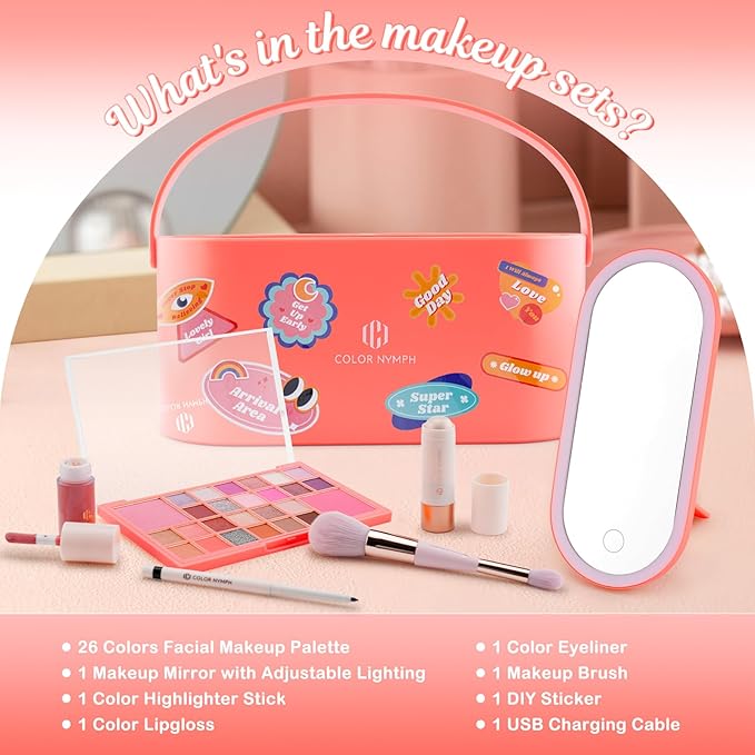 Color Nymph Makeup for Kids with LED Mirror, Make Up Set with Carrying Case for Beginners, Including 26-Color Face Palette Highlighter Lipgloss Eyeliner Dual-Ended Brush