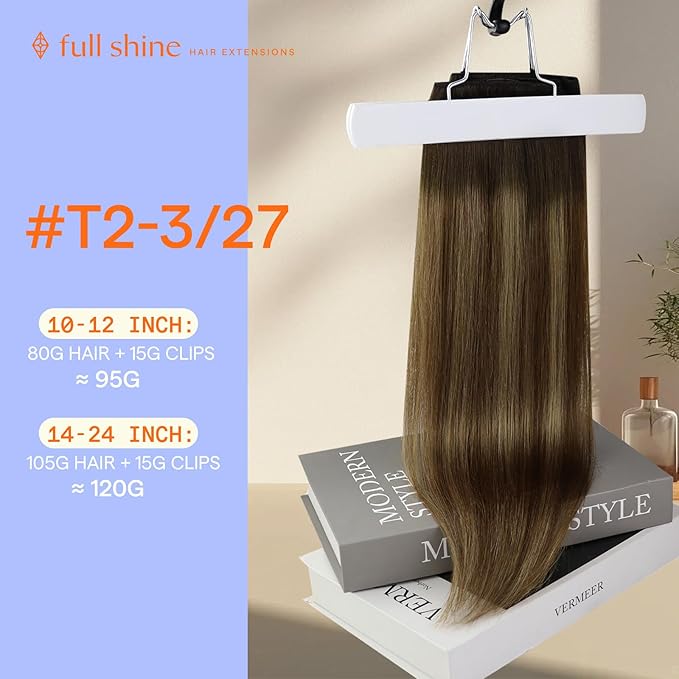 Full Shine Real Human Hair Extensions Clip ins Brown Balayage Clip in Hair Extensions Dark Brown Balayage Caramel Blonde Straight Hair Extension 12 Inch 7 Pcs 95 G