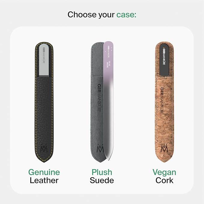 GERMANIKURE 2 Pc Black Glass Nail File Set with Suede Sleeves - Fingernail File & Small Travel Nail File - Professional Manicure & Pedicure Kit for Natural Nails - Ethically Made in Czech Republic