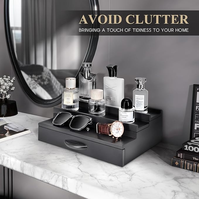 EOSAHR Modern Cologne Organizer for Men - 3 Tier Cologne Display with Storage Drawer - Perfume Organizer with Hidden Compartment - Great Gift for Dad and Boyfriend (Black)