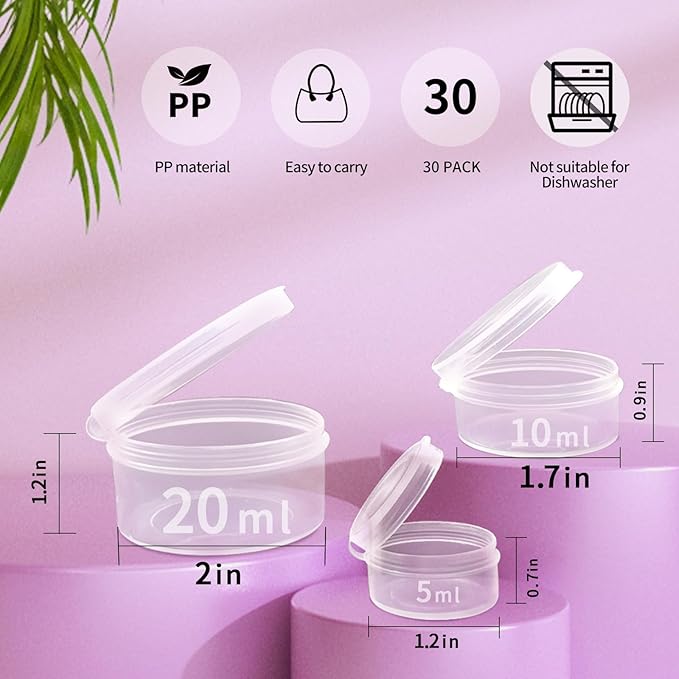 30 pcs plastic cosmetic jar 5/10/20ml clear case with snap lids portable,Travel Storage Cosmetic Samples Beauty Products Mini Containers with Lids, Airtight Cosmetic Containers with Lids.