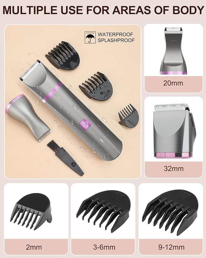 Hair Trimmer for Women Waterproof Bikini Trimmer Electric Shaver for Pubic Hair Legs Arms Removal Personal Trimmer with Snap-in Ceramic Blades IP7X Washable Head,Wet and Dry Use