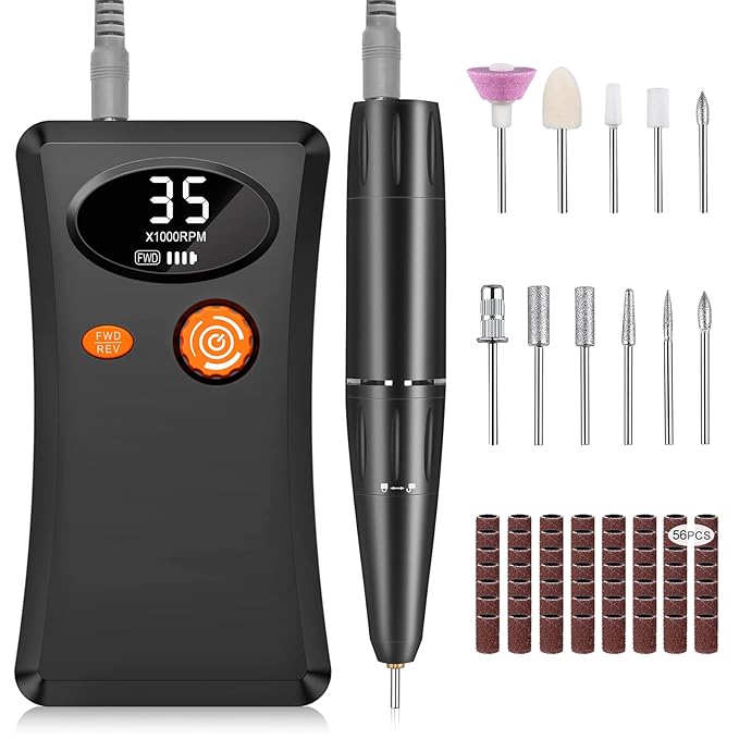 Electric Nail Drill, Urbuti 35000RPM Professional Nail Drill Machine, Portable Rechargeable File Machine Set for Acrylic Gel Nails, Manicure Pedicure Tools for Home and Salon Use(Black)