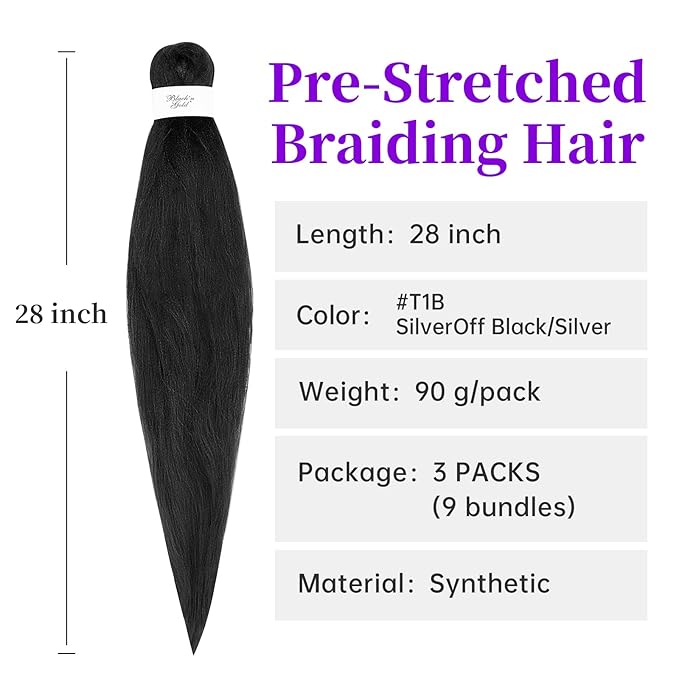 BNG 3X Pre-Stretched Braiding Hair, 28" Professional Itch Free Synthetic Fiber Braids Hair Extensions for Easy Braid, 3 PACKS (9 bundles), (#1B Off Black)