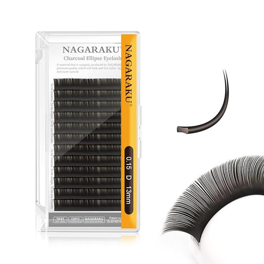 NAGARAKU Double Tips Flat Ellipse Eyelash Extensions Supplies 0.15 D curl 13mm Natural Charcoal Color Faux Mink Super Soft Split Tips Lash Individual Lashes