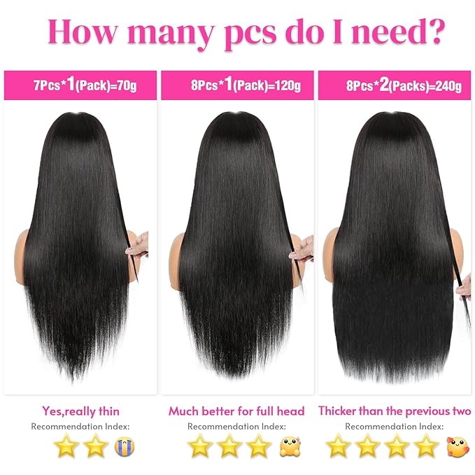 Clip In Extensions Human Hair,Lace Edge Double Weft 70g 7pcs Human Hair Clip In Extensions 18Inch #1B Natural Black Remy Hair