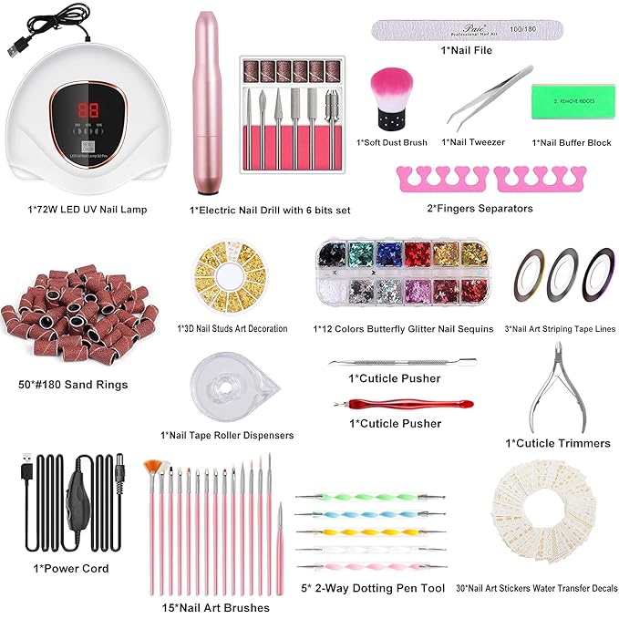117 PCS Portable Electric Nail Drill Polish File Kit with 72W UV LED Nail Lamp Gel Manicure Dryer Lamp,Acrylic Nails Gel Polishing Shape Tools Supplies Set,Manicure Pedicure Nail Files DIY Decoration