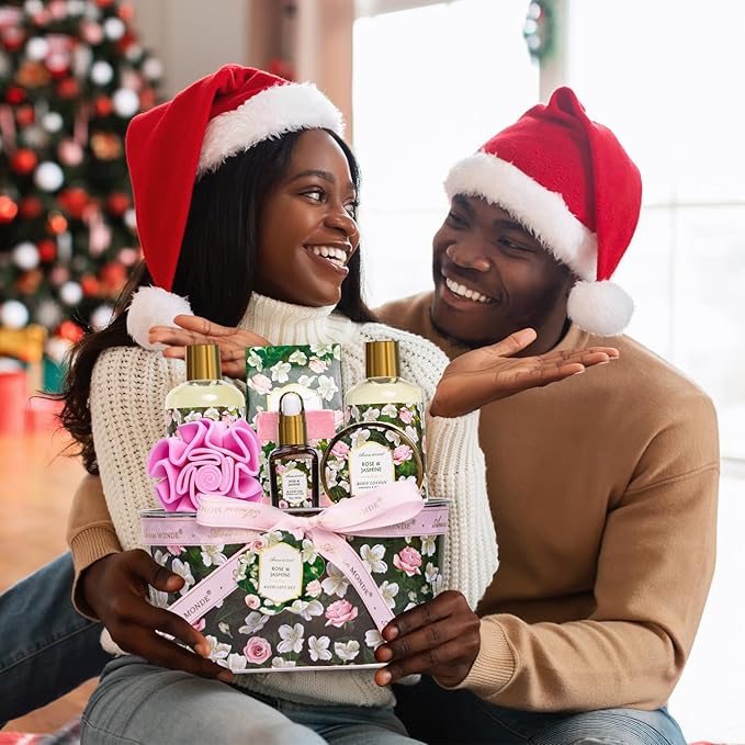 Gift Basket for Women - 8 Pc Rose & Jasmine Beauty & Personal Care Set - Home Bath Pampering Package for Relaxing - Spa Self Care Kit - Thank You, Birthday, Mom, Anniversary, Christmas Gift