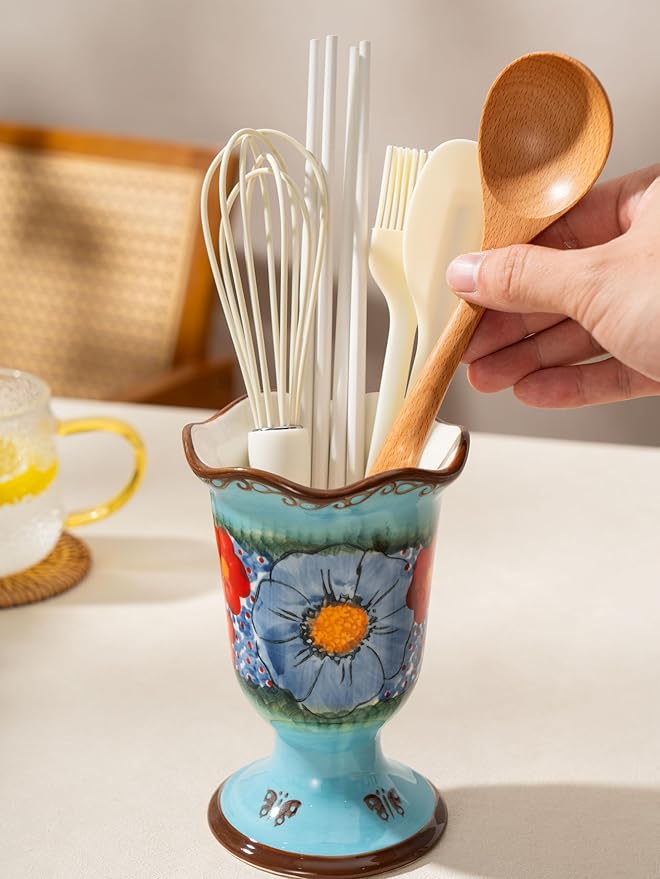 Handmade Home Desktop Storage Cups, Ceramic Hand-Painted Makeup Brush Holder Organizer, Pen Holder, Toothbrush and Toothpaste Holders, Small Plant Pots Indoor with Drainage, Glazed Blue