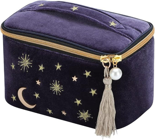Handy cosmetic makeup bag,square Navy Velvet Embroidered Applique Moon Stars Sun Cosmetic Bag,High capacity Starry Makeup Pouch with Tassels & Pearl Zipper,Beautician Storage Bag Clutch Handbags