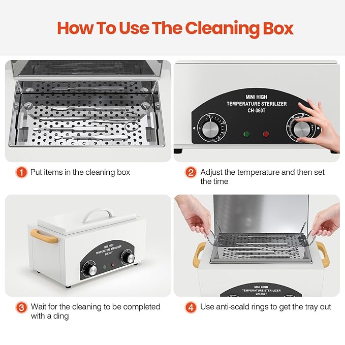 High Temperature Metal Tool Cleaner Machine, 2L Dry Heat Cleaning Box with Temperature & Time Setting, Cleaning Cabinet with Handle, for Beauty Salon, Barber Shop, Lab, Dental, Home, Restaurant, White
