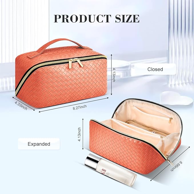 Travel Makeup Bag: Large Capacity Cosmetic Bag for Women, Portable PU Leather Waterproof Stuff Bag With Handle and Divider Flat Lay Makeup Pouch Toiletry Bag Birthday Gift for Women - Orange