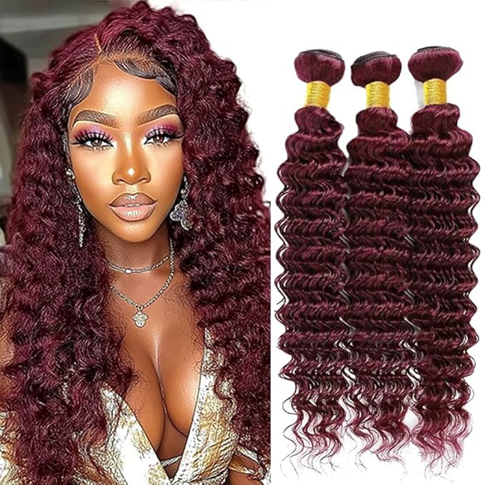 Burgundy Deep Wave Bundles Human Hair Color 99j Loose Deep Wave Bundles 8a Grade Double Weft Brazilian Human Hair Soft and Silky for Black Women 12 14 16 Inch