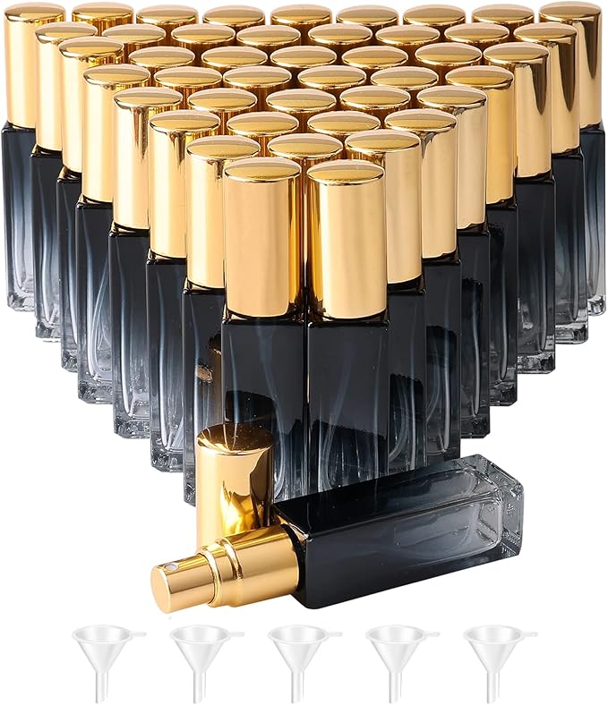 45pcs 10ml Mini Square Spray Bottle Glass Empty Spray Refillable Perfume Bottle Fine Mist Liquid Dispenser for Makeup Skin Care (Gold Cap)