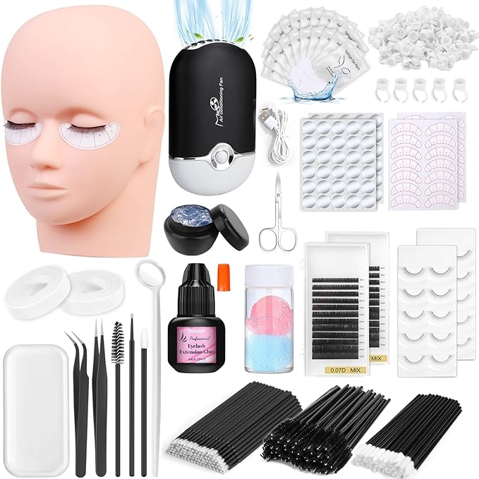 EyeLash Extension Kit for Beginners, Professional Lash EyeLash Extension Practice Kit with Everything, Mannequin Head, Eye Lashes Glue, Lash Kit for Eyelash Extensions Beginners Training