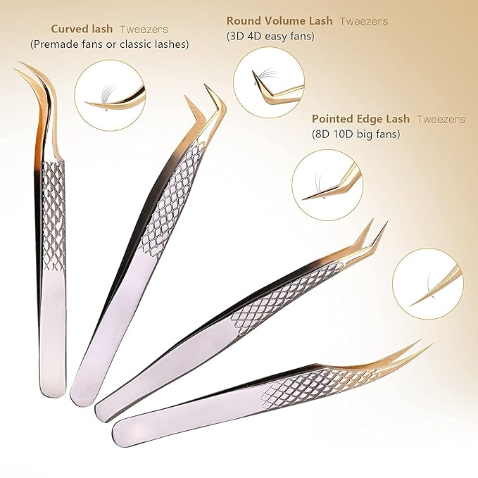 Lash Eyelash Extension Tweezers Set 4Pcs,Professional Eyelash Applicator Tool,Straight and Curved Precision Stainless Steel Tweezers Lash Extension Supplies(Black Gold)