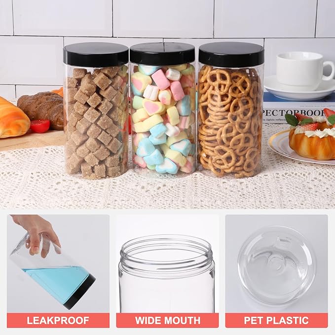 Plastic Jars with Lids 32 oz 6Pack,Empty Clear Plastic Jars with Lids for Storage, Round Leakproof Containers for Nuts,Cookies,Dried Fruit,Small Snacks(32fl.oz,set of 6)